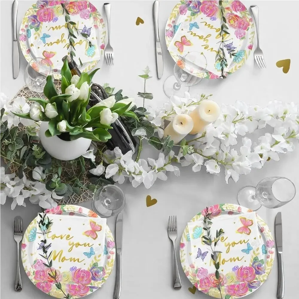 Mothers Day Party Decor Serve 25 Love You Mom Table Cloth Plates Napkin Cups s13